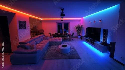 A modern basement with vibrant LED strips accentuating sleek, minimalist decor, featuring a plush sofa and a state-of-the-art TV. © jovannig