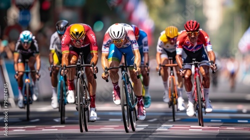 Cyclists racing in a professional competition - Intense focus as professional cyclists race down the track with speed and determination in a blur of movement