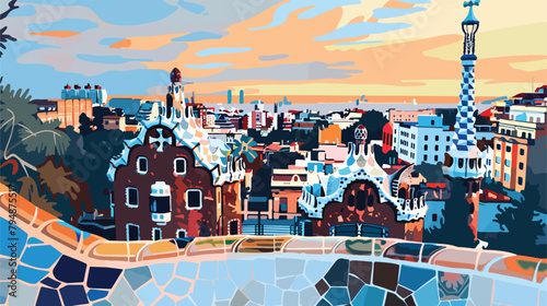 Park Guell in Barcelona Spain. Beautiful cityscape  photo
