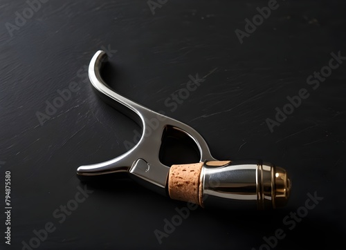 Stainless wine corkscrew in a cork of wine bottle neck on a black slate background
 photo