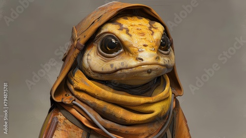   A tight shot of a turtle statue wearing a yellow scarf around its neck and a hood covering its head photo