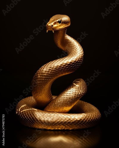 golden metallic snake, full body, studio photo with professional lighting, completely black backgroun © Olena