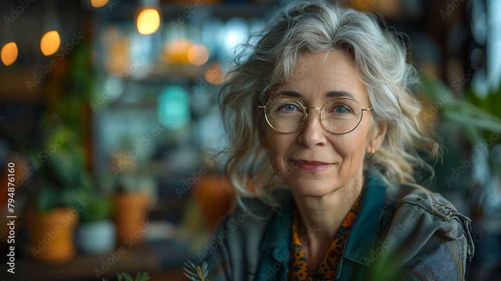 Portrait of an old woman about 60+ in a cozy atmosphere Portrait of an old woman about 60+ in a cozy atmosphere