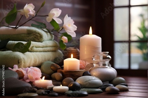 Stunning spa composition by towel  candle and flowers with beauty products