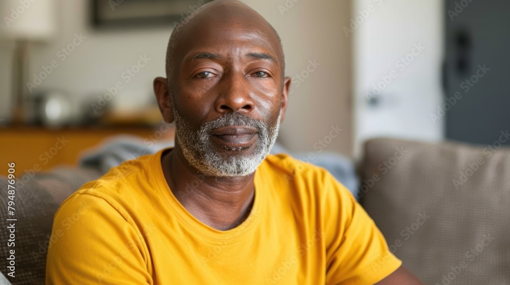 African American middle aged man with gray beard sitting on a couch in a yellow shirt African American middle aged man with gray beard sitting on a couch in a yellow shirt