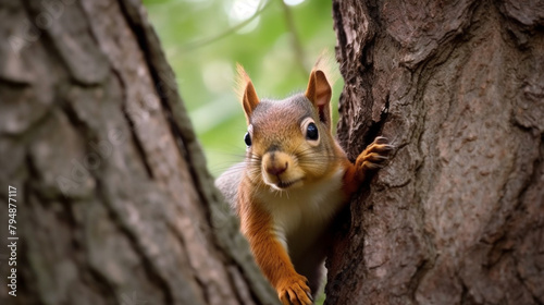A curious squirrel peering out from behind a tree trunk, its bushy tail twitching with excitement. © Creative