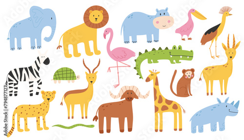 Set of safari animals. Jungle animals collection. African animals. Vector illustration. Flat style.