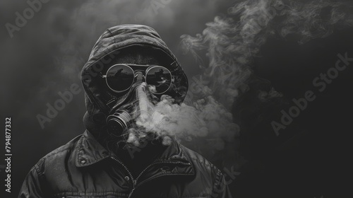   A man in a gas mask exhales smoke, while holding a lit cigarette
