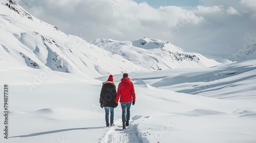 A couple walking away on a snow-covered mountain