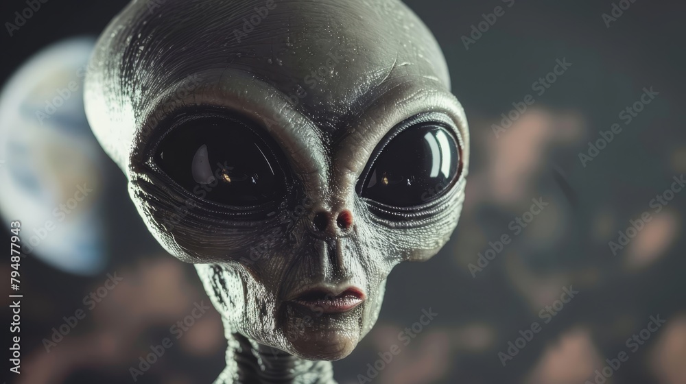   A tight shot of an alien gazing into the camera, backdrop subtly blurred, with a distant planet visible behind