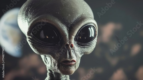  A tight shot of an alien gazing into the camera, backdrop subtly blurred, with a distant planet visible behind