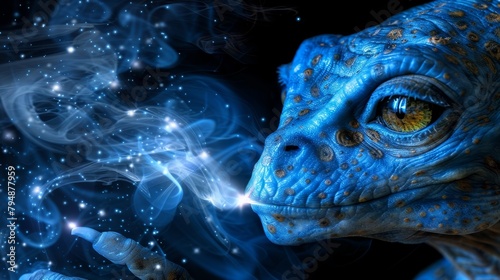   A tight shot of a blue lizard's face exhaling copious amounts of smoke