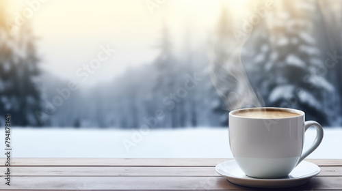 Cup of hot coffee drink with steam on wooden desk and beautiful winter landscape view in the morning