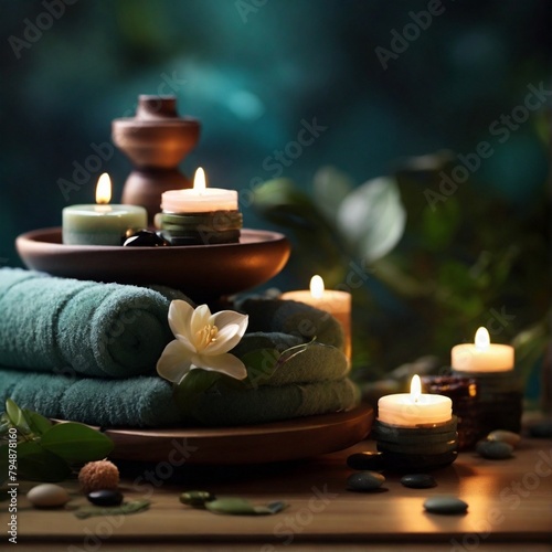 Stunning spa composition by towel  candle and flowers with beauty products