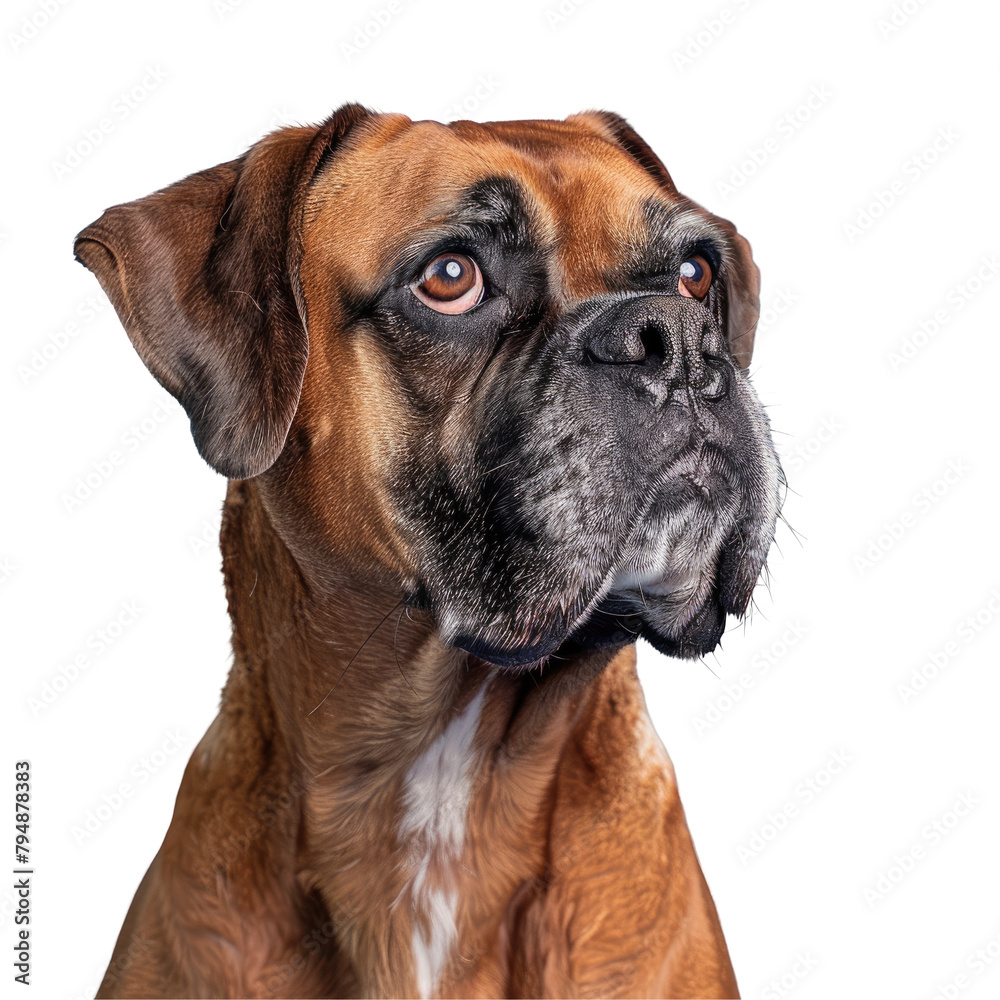 Capture the essence of a majestic brown boxer dog in a studio setting against a soft light blue background isolated and ready to stand out on any backdrop