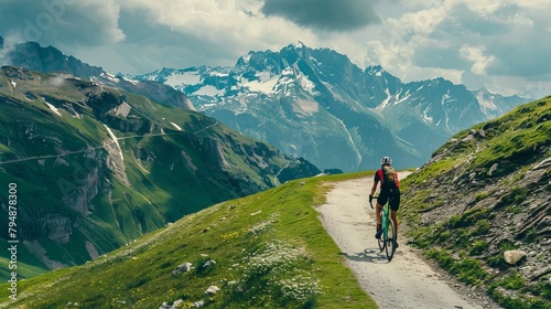 A cyclist racing down a mountain path