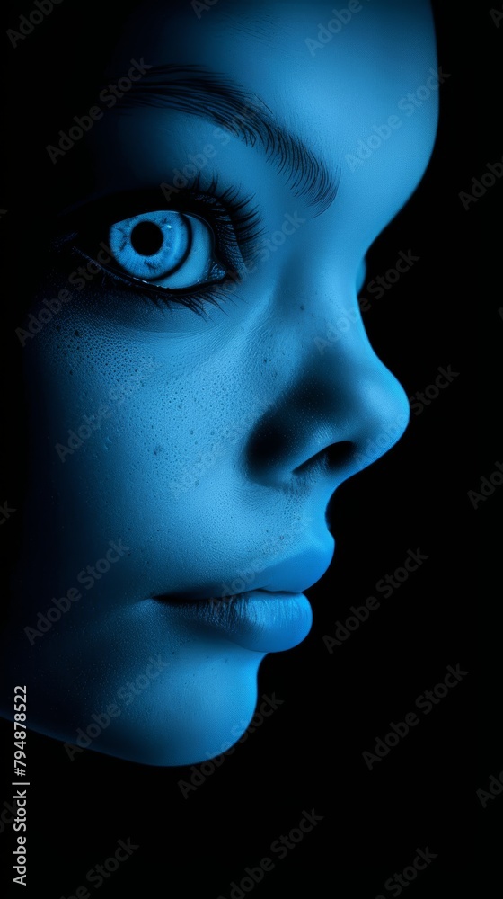   A woman's face, tightly framed Blue light casting an ominous hue Her expression, malevolent