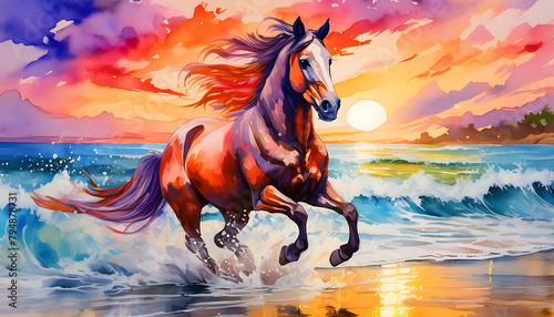 a vibrant watercolor painting of a horse in full gallop on a beach at sunset  with splashing waves and vivid colors in the sky