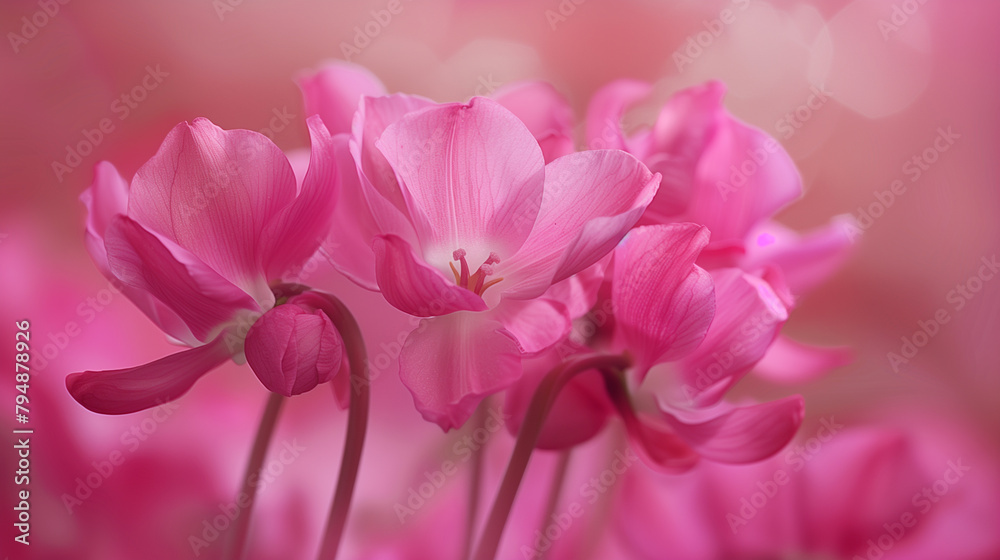 A closeup of pink flowers, with delicate petals and a magenta hue, set against a pink background. The herbaceous plants are in full bloom, showcasing their vibrant blossoms on each twig A closeup of pink flowers, with delicate petals and a magenta hue, set against a pink background. The herbaceous plants are in full bloom, showcasing their vibrant blossoms on each twig
