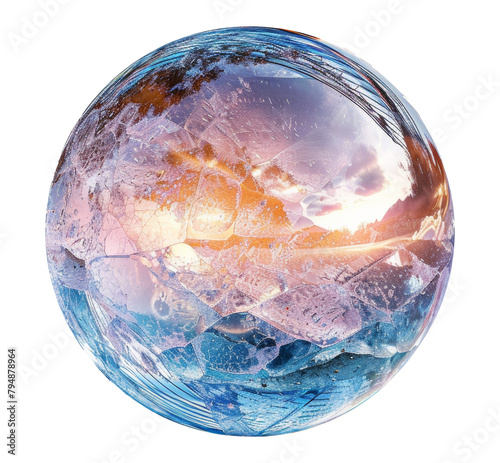 Frosty crystal sphere with cracked ice effect isolated on transparent background