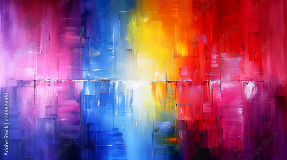 A colorful painting with a rainbow and a cityscape A colorful painting with a rainbow and a cityscape