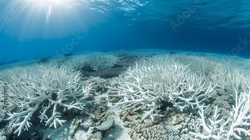 Coral Bleaching on the Great Barrier Reef, Coral bleaching climate change, photo illustration of coral bleaching threat. Dead, Bleached Coral Reef - Rising sea temperatures and Global Warming.   photo