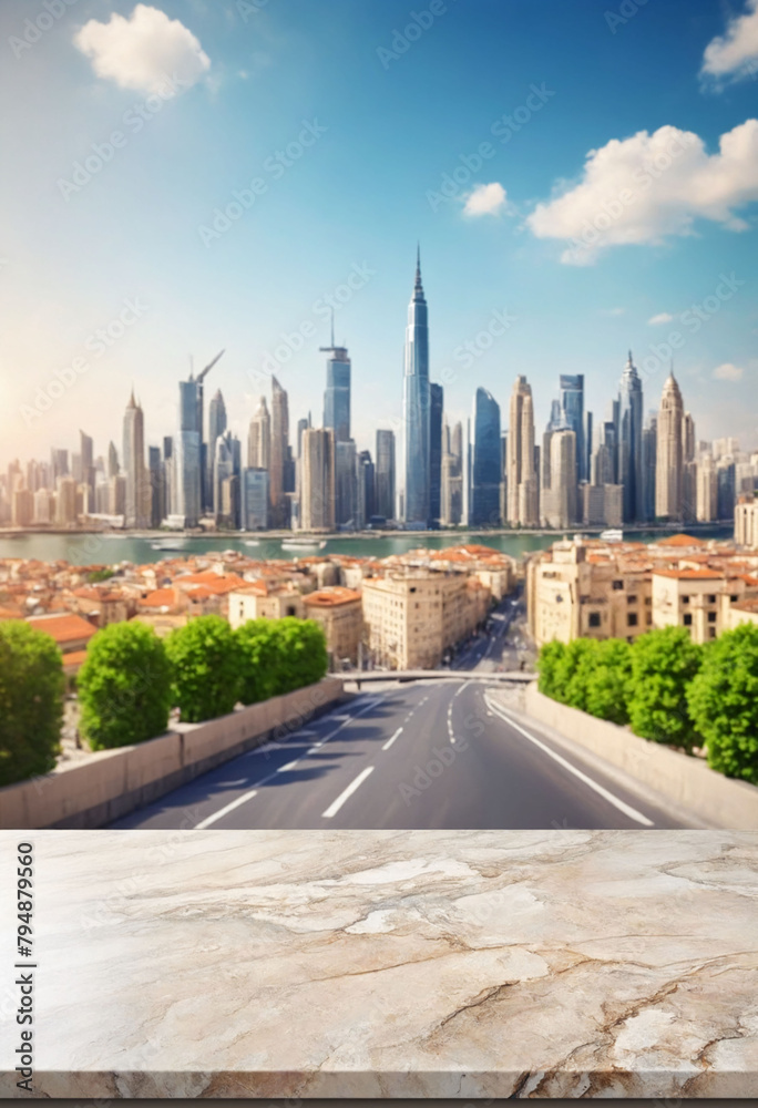Obraz premium Stone table top with copy space. Blurred modern cityscape background