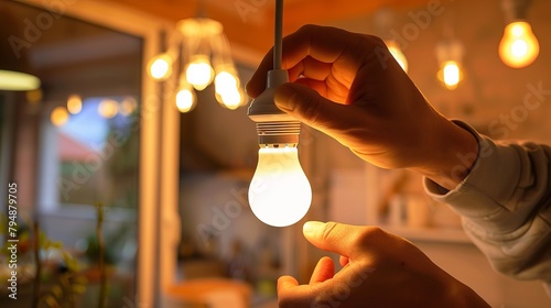 A person installing energy-efficient LED light bulbs in their home photo