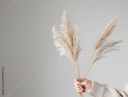 A person's hand holding stems of pampas grass against a light grey background.