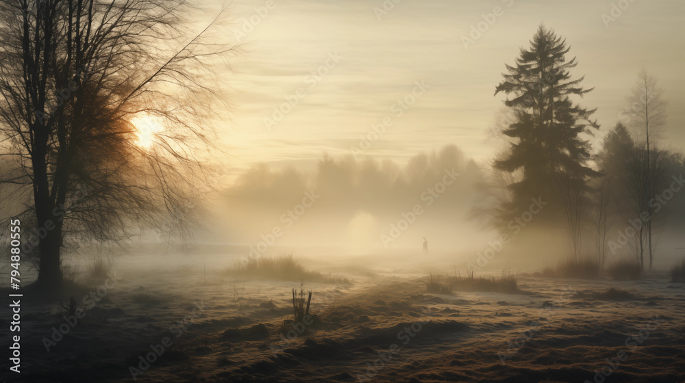 Misty Sunrise Over a Forest Lake in Winter ,Early morning mist hangs over a forest with a hint of sunrise breaking through the trees Misty Sunrise Over a Forest Lake in Winter ,Early morning mist hangs over a forest with a hint of sunrise breaking through the trees