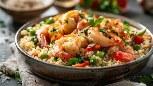 A bowl of shrimp and vegetables with a green garnish