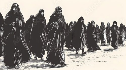 Solemn Mourning Procession of Hooded Figures in Desert Commemorating Martyrdom