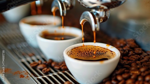  Espresso pours into two waiting coffee cups atop a coffee machine's bean bed