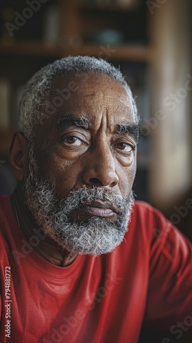 An elderly African American man with a beard wearing a red shirt