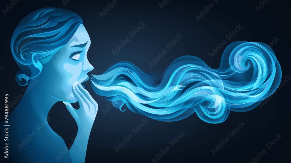   A woman with smoke-blue tendrils escaping her face, engulfed in wind that tousles her flying locks