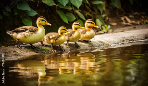A family of fluffy ducklings waddling in a row behind their mother near a tranquil pond. photo