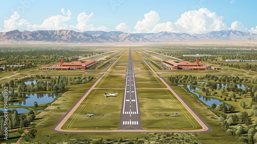 Create a birds-eye view of a runway at an airport, with planes taxiing for takeoff and landing, and ground crews