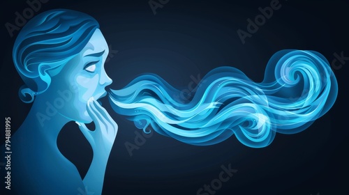   A woman with smoke-blue tendrils escaping her face, engulfed in wind that tousles her flying locks photo