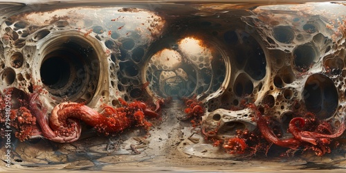 An immersive 360-degree panorama of the digestive system, with the stomach and intestines resembling twisting tunnels and chambers of a photo