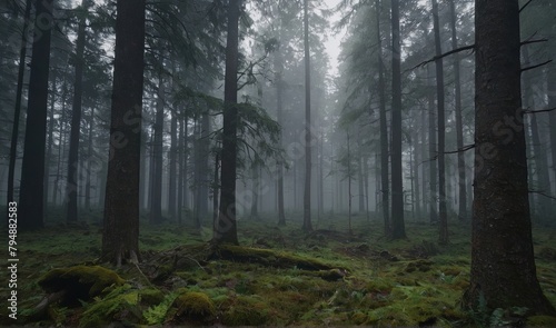 Landscape Green coniferous forest in the fog.