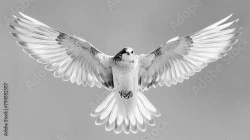   A black-and-white image of a bird mid-flight, wings fully extended photo