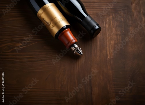 Wine bottle with corkscrew on wooden background 