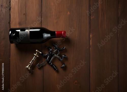 Wine bottle with corkscrew on wooden background
