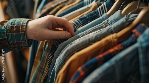 Close-up of hands selecting clothes from a wardrobe, getting dressed