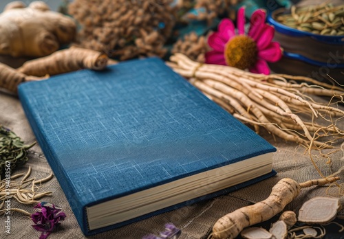  Herbal Wisdom: Blue Notebook with Ginseng Roots and Herbs on Table