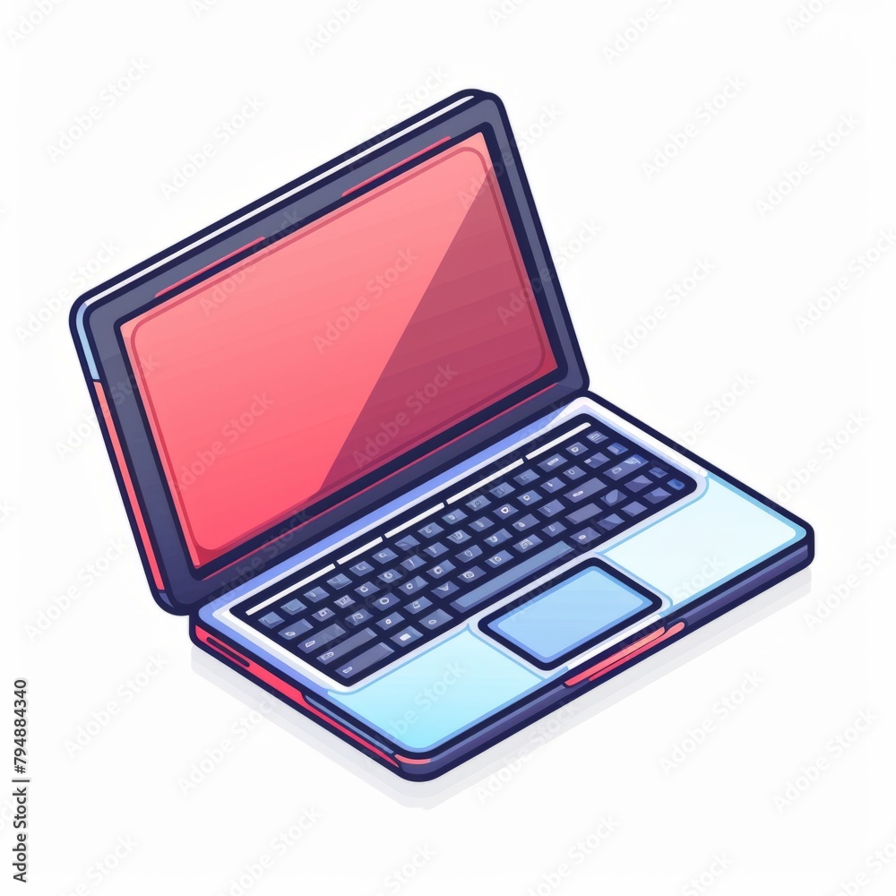 Stylized laptop with red screen and shadow effect isolated on white background. Cartoon-like digital device illustration. Design for tech themed poster, education material, and web banner. Stylized laptop with red screen and shadow effect isolated on white background. Cartoon-like digital device illustration. Design for tech themed poster, education material, and web banner.