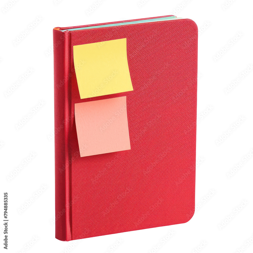 An eye catching red notebook featuring sticky notes standing out against a transparent background An eye catching red notebook featuring sticky notes standing out against a transparent background