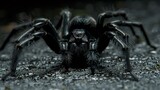   A tight shot of a black spider on the ground, with its eyes gleaming and legs splayed apart