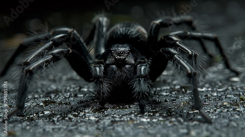   A tight shot of a black spider on the ground, with its eyes gleaming and legs splayed apart photo