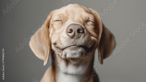   A close-up of a dog's face with its eyes closed photo